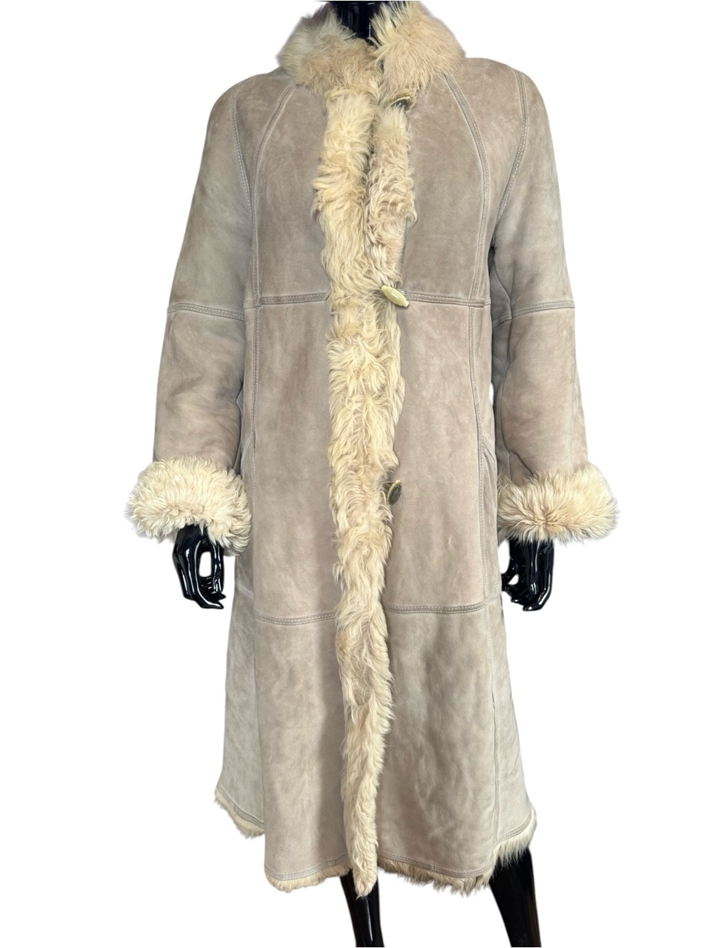 Beige Toscana sheepskin Shearling Long Coat with Fur Trim